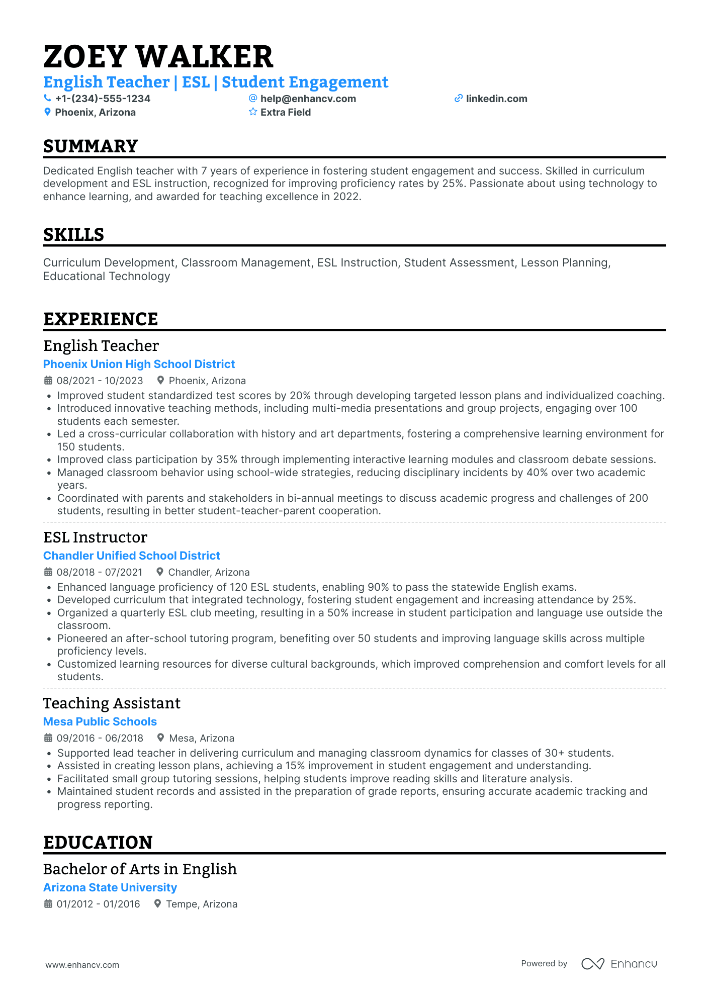 English Department Head Resume Example