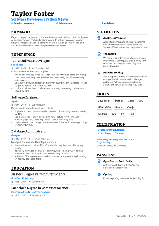 Entry Level Computer Science Resume Example
