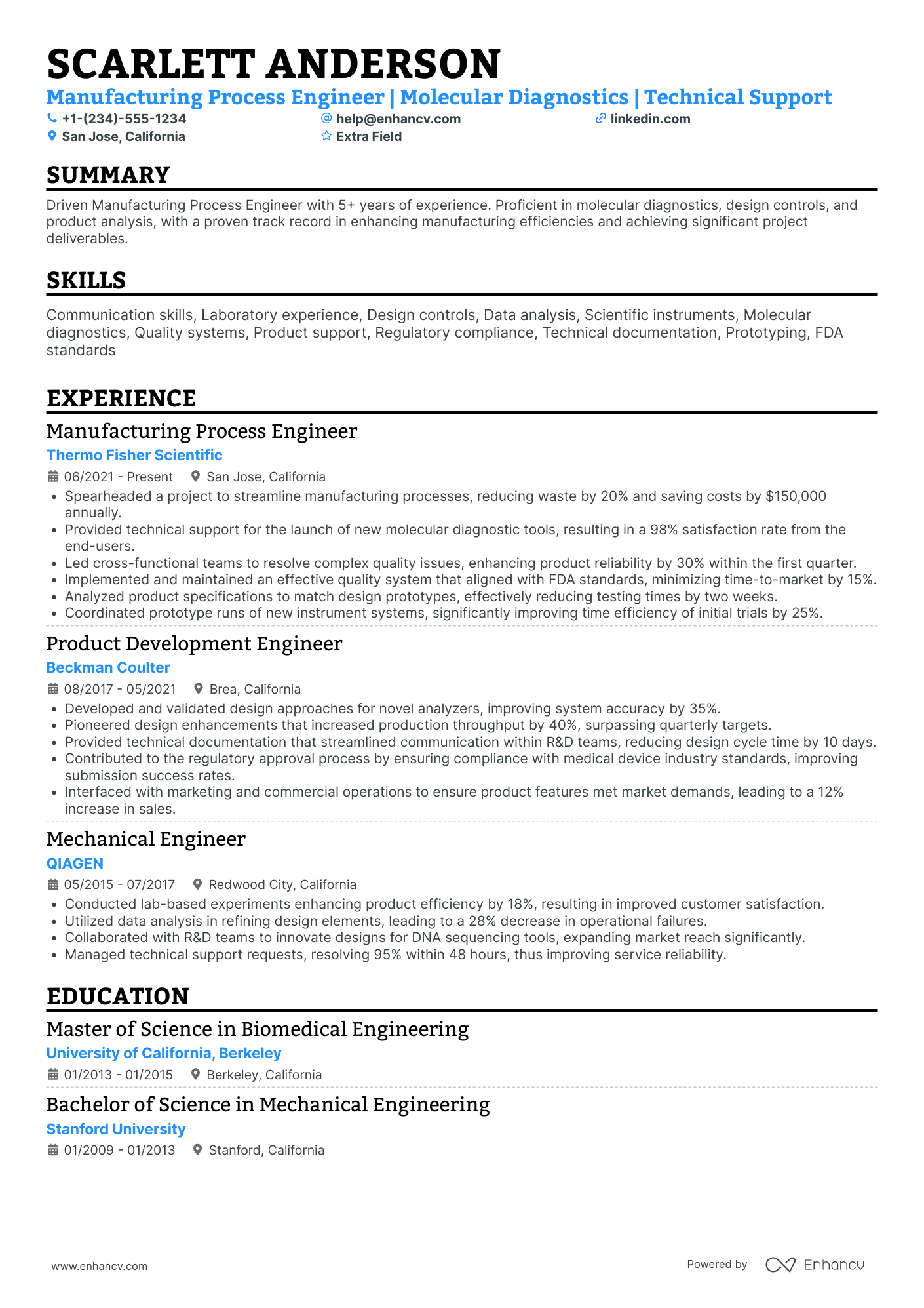 Manufacturing Process Engineer Resume Example