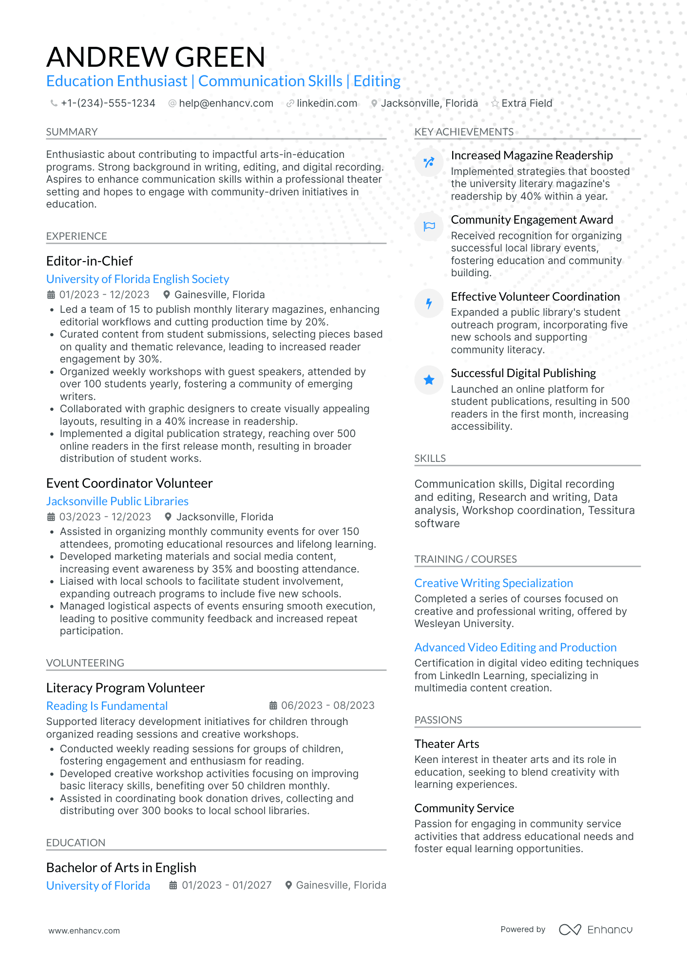 Education Intern Resume Example