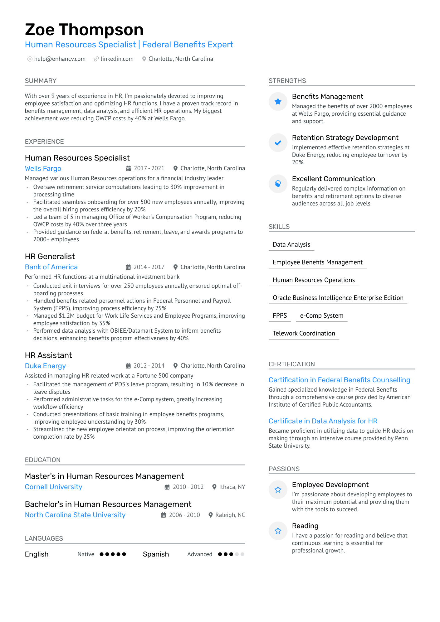 Human Resources Benefits Specialist Resume Example