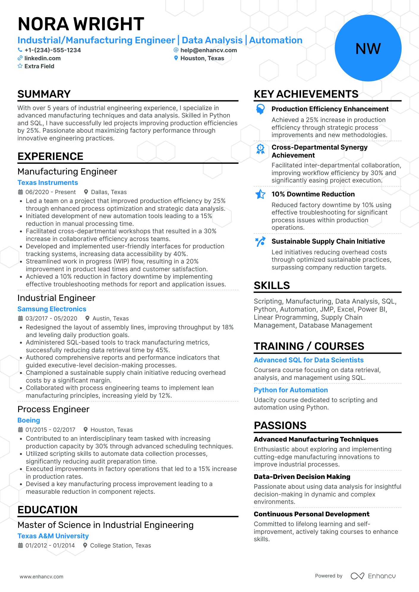 Manufacturing Industrial Engineer Resume Example