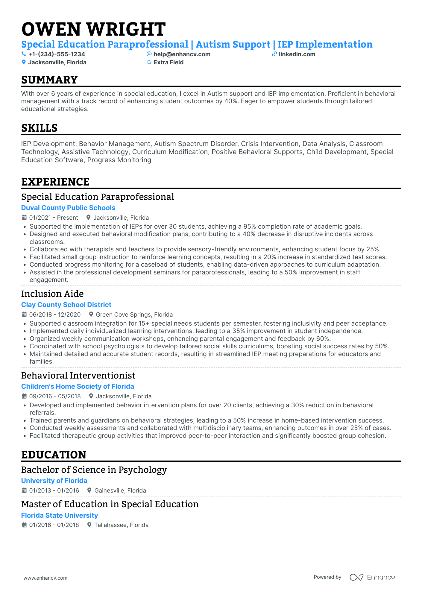 Special Education Paraprofessional Resume Example