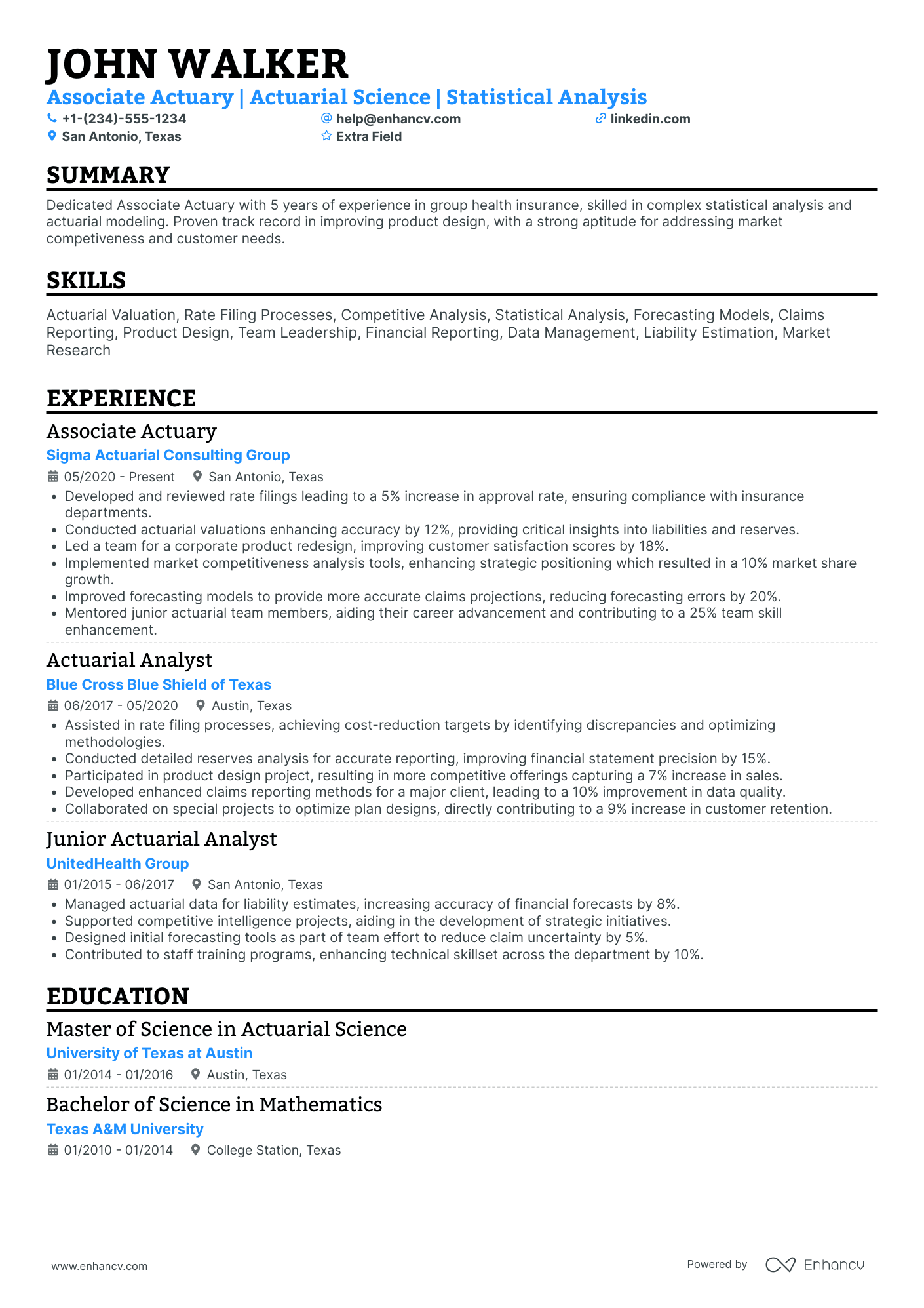 Entry Level Actuary Resume Example