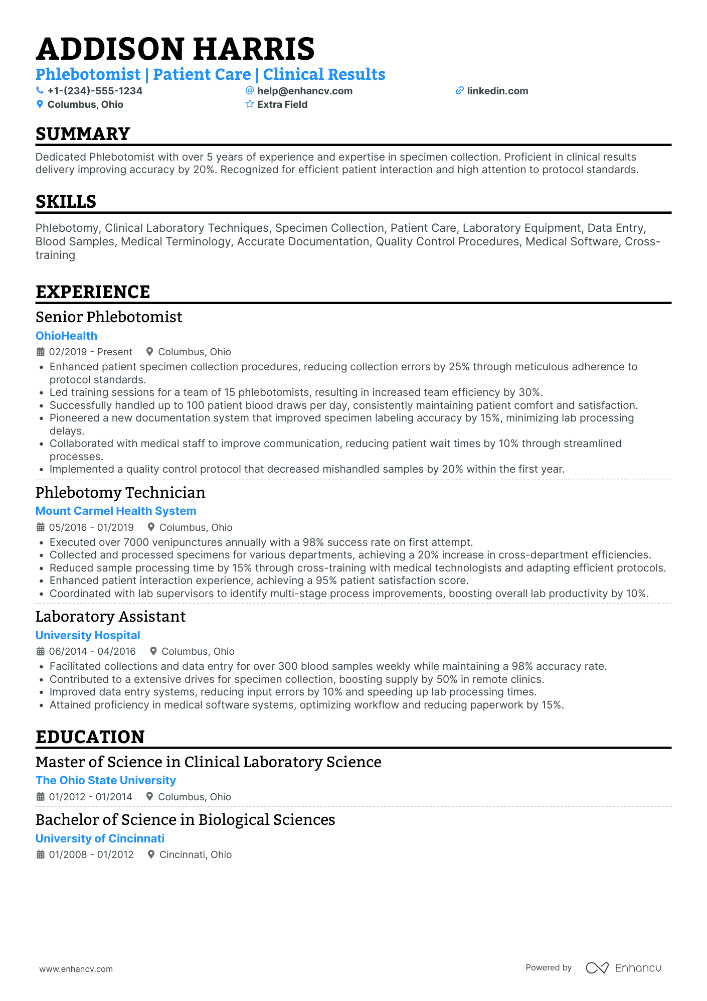 Pediatric Phlebotomist Resume Example