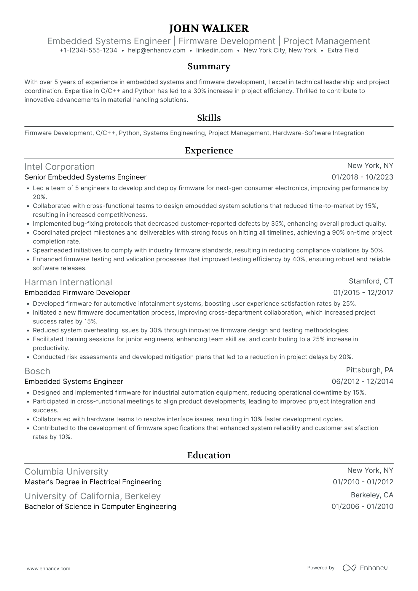 Embedded Systems Developer Resume Example