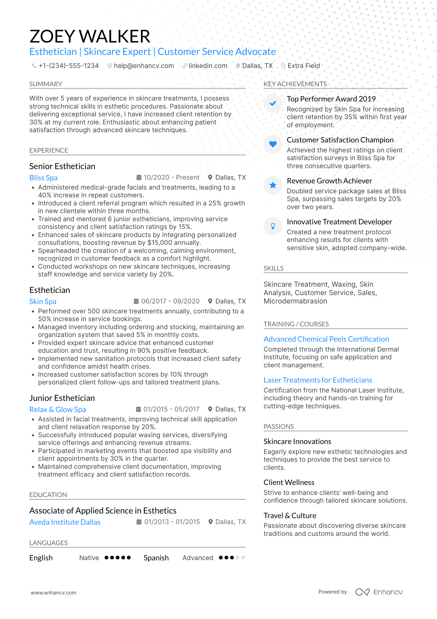 Clinical Esthetician Resume Example