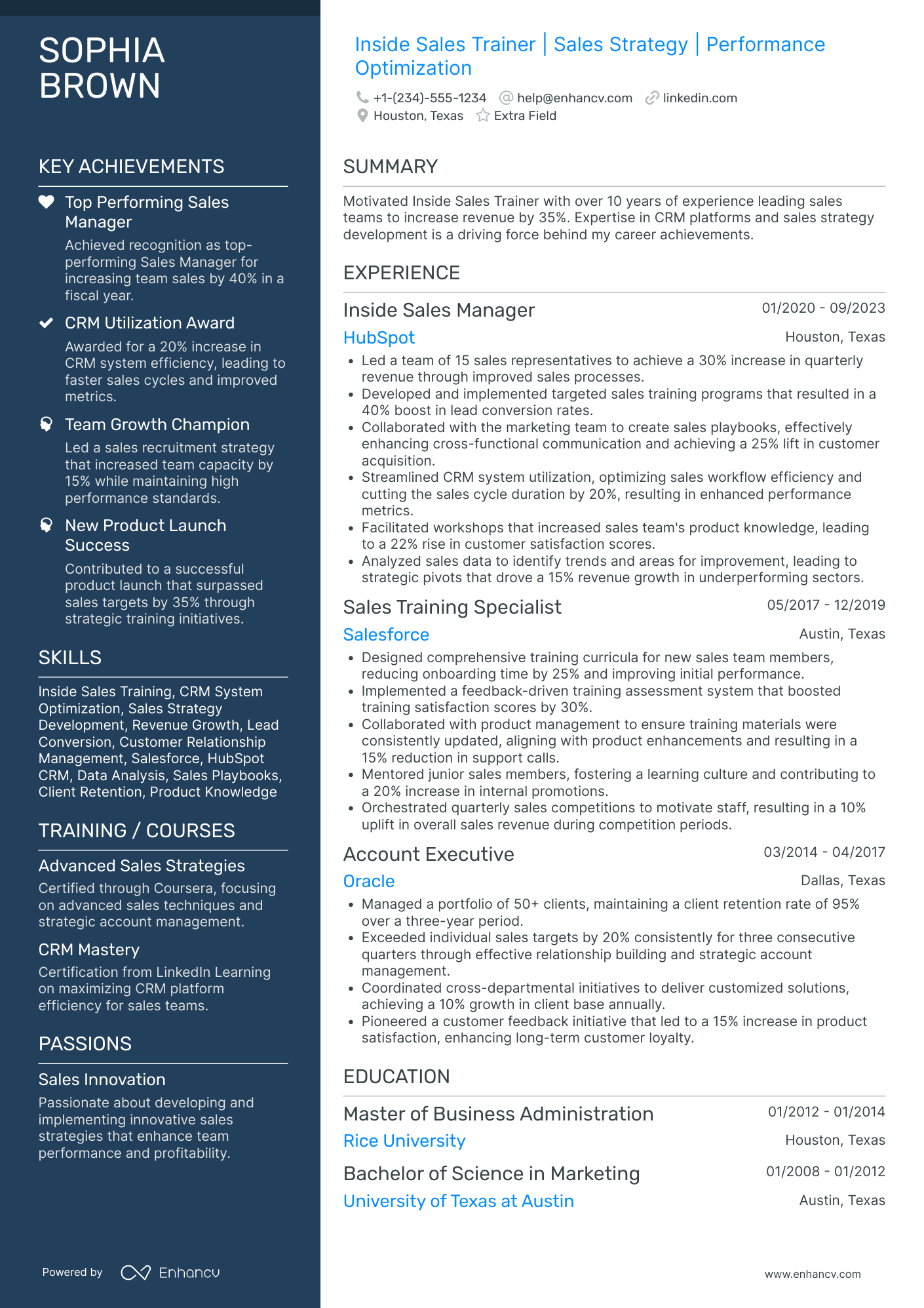 Inside Sales Trainer Resume Example