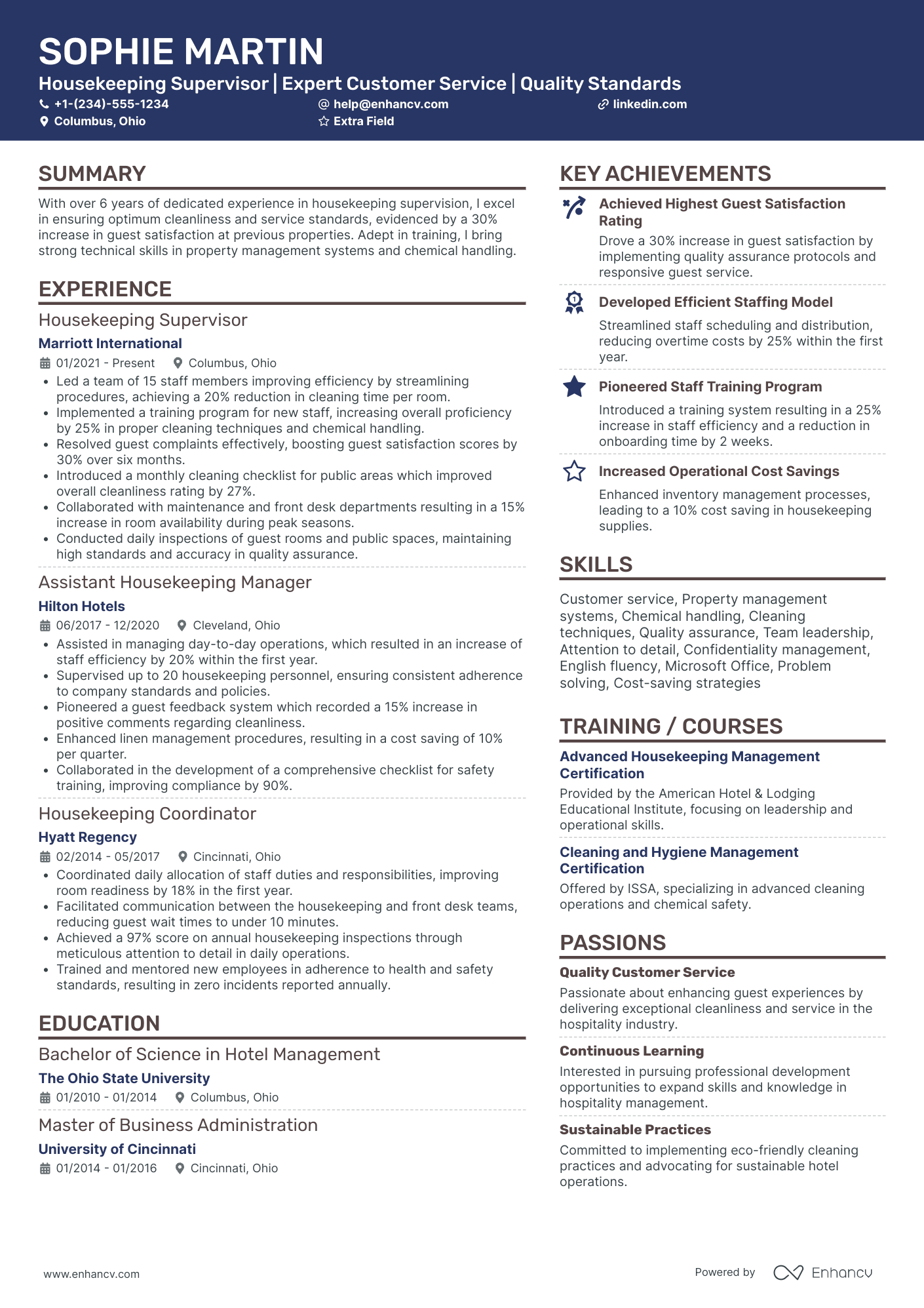 Housekeeper Supervisor Resume Example