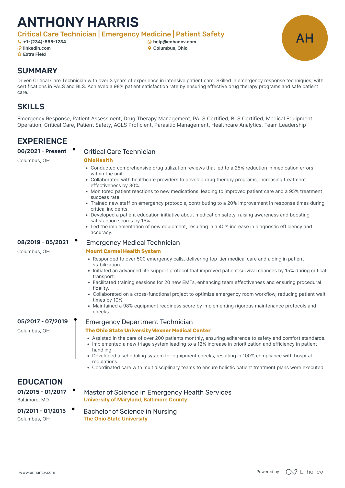 EMT Critical Care Resume Example