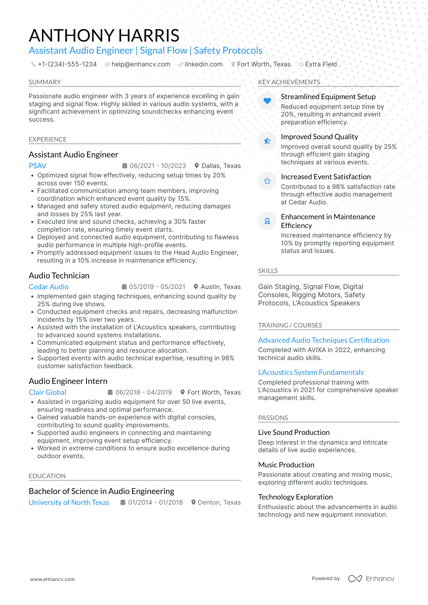 Assistant Audio Engineer Resume Example