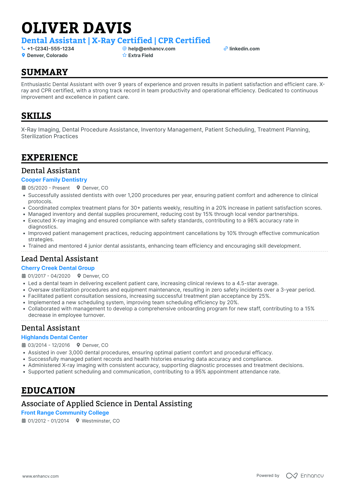 Dental Assistant Department Head Resume Example