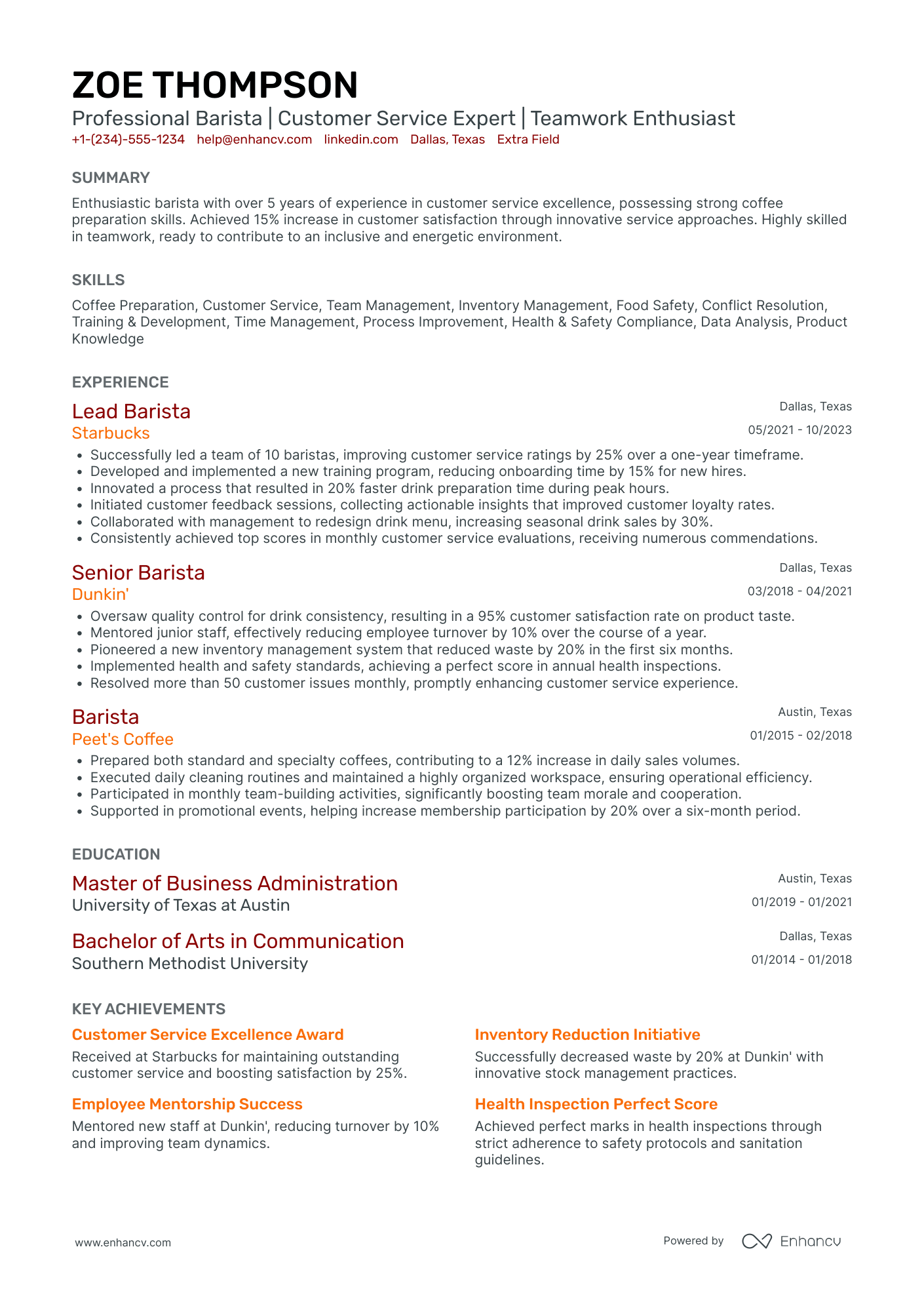 Starbucks Talent Acquisition Specialist Resume Example