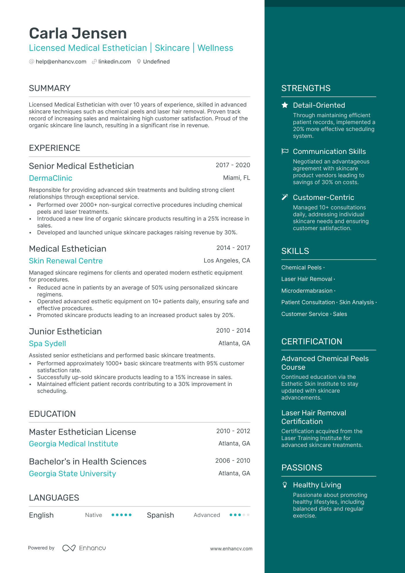 Medical Esthetician Resume Example