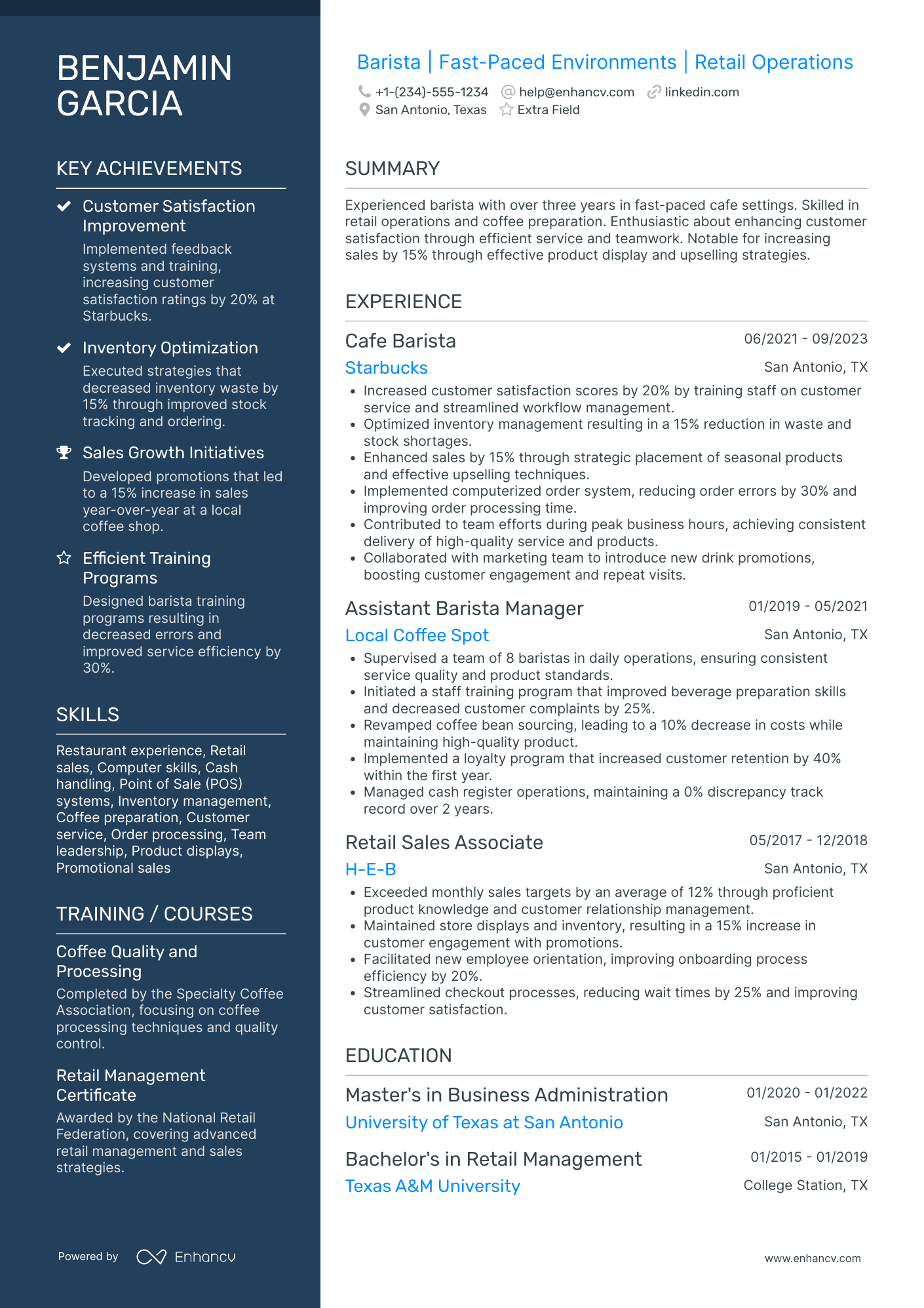 Barista and Juice Maker Resume Example