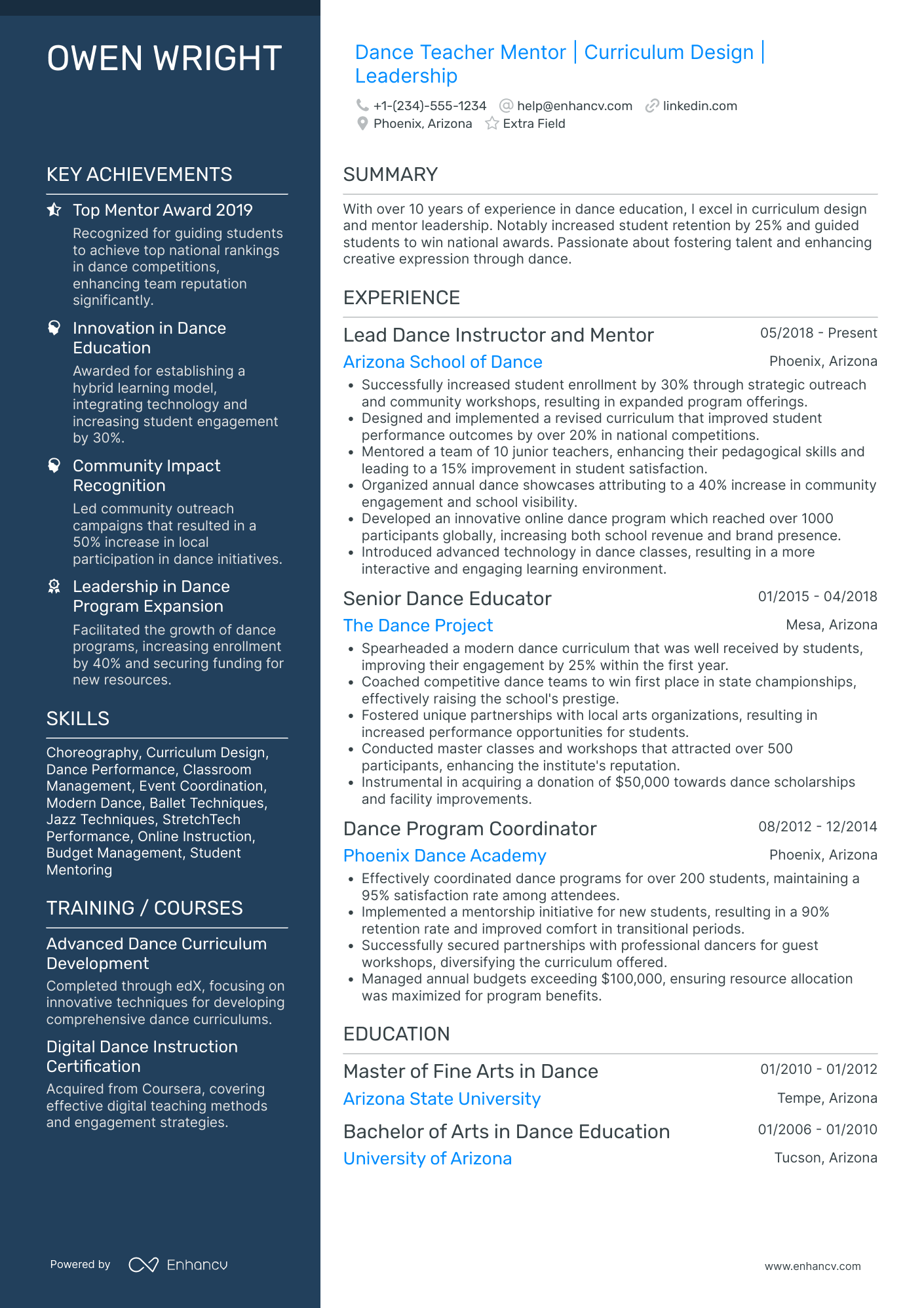 Dance Teacher Mentor Resume Example