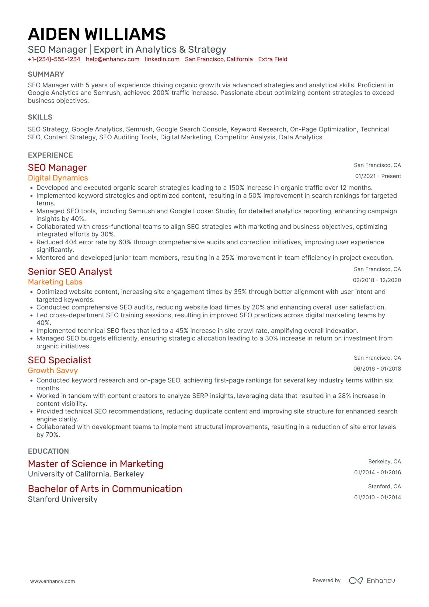 SEO Quality Assurance Manager Resume Example