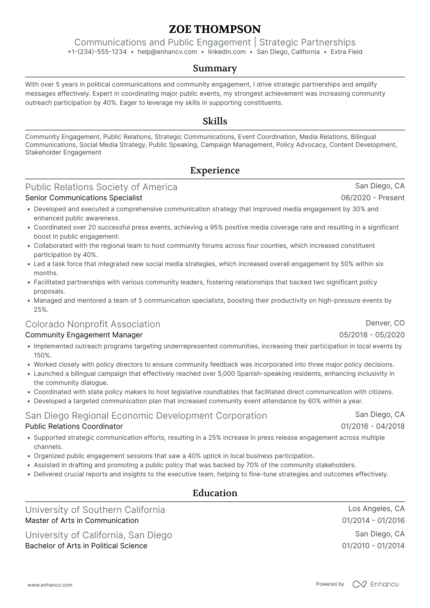 Communication and Engagement Manager Resume Example