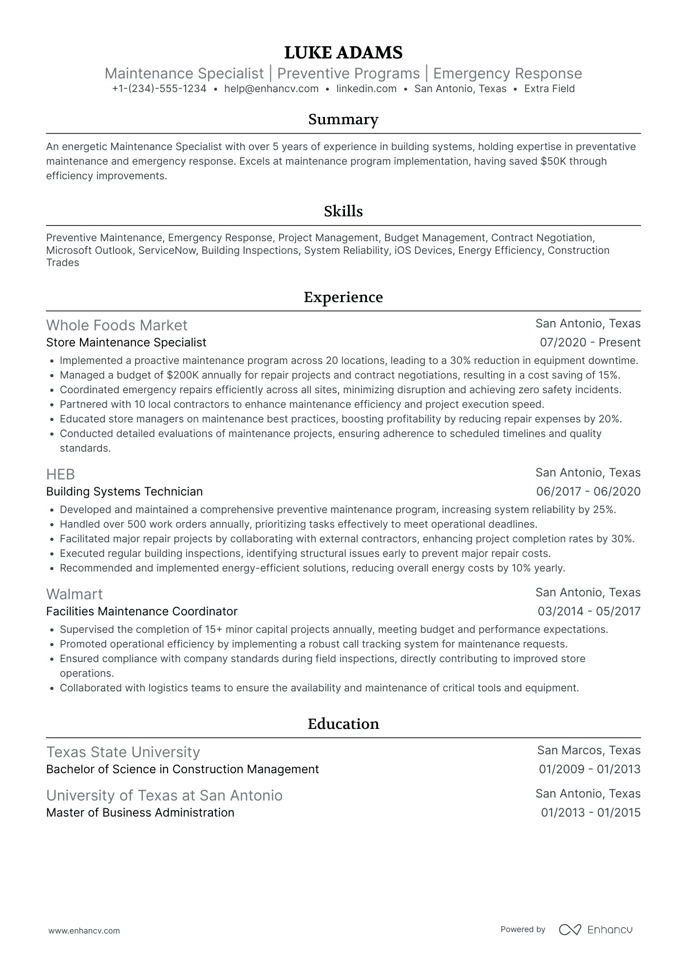 Building Maintenance Technician Resume Example