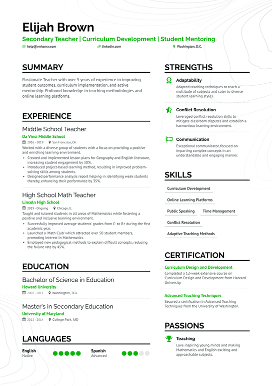 First Year Secondary Teacher Resume Example