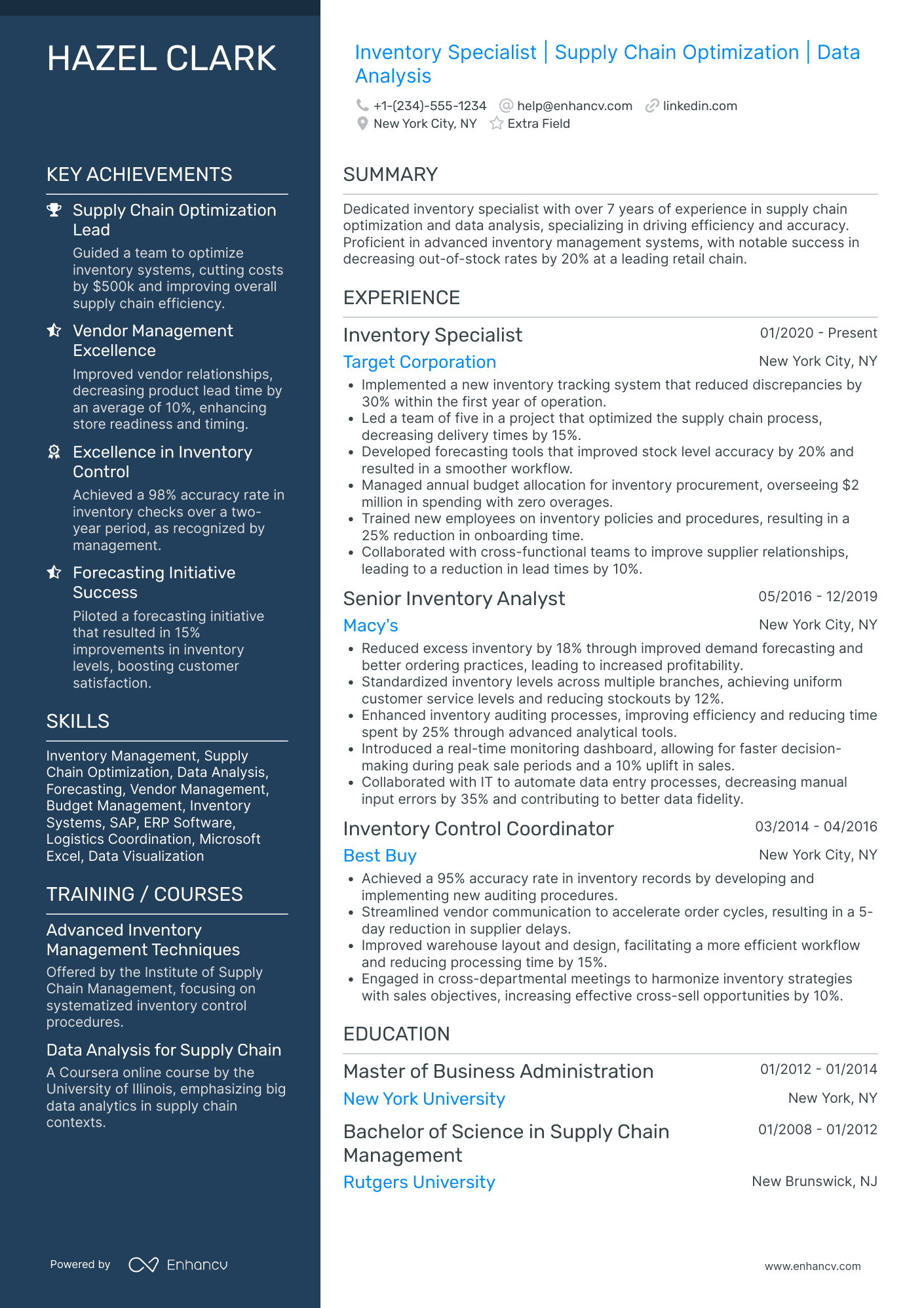 Walmart Inventory Specialist Resume Example