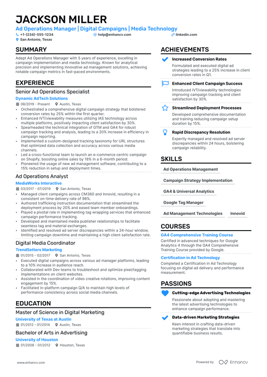Ad Operations Manager Resume Example