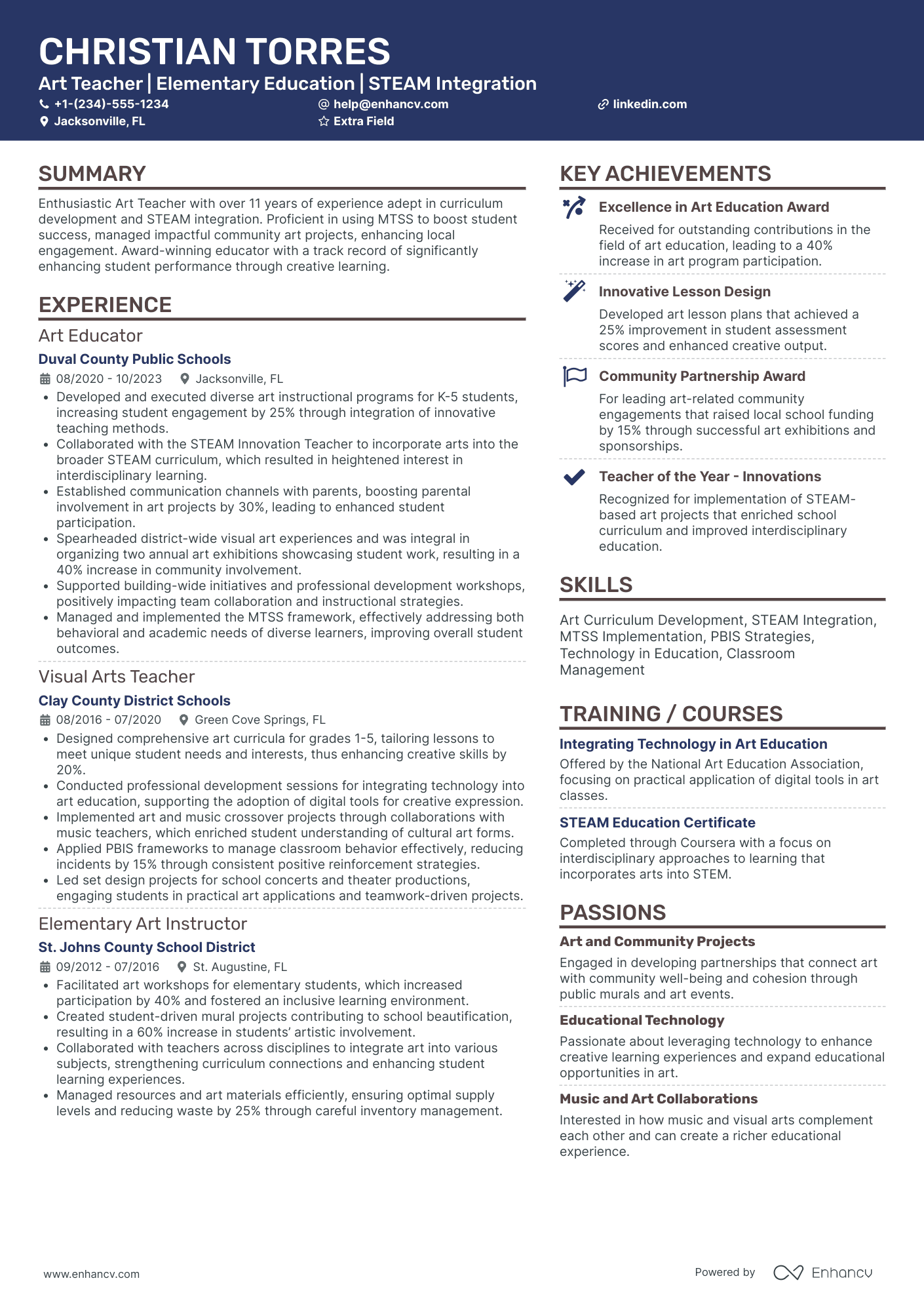 Early Childhood Art Teacher Resume Example