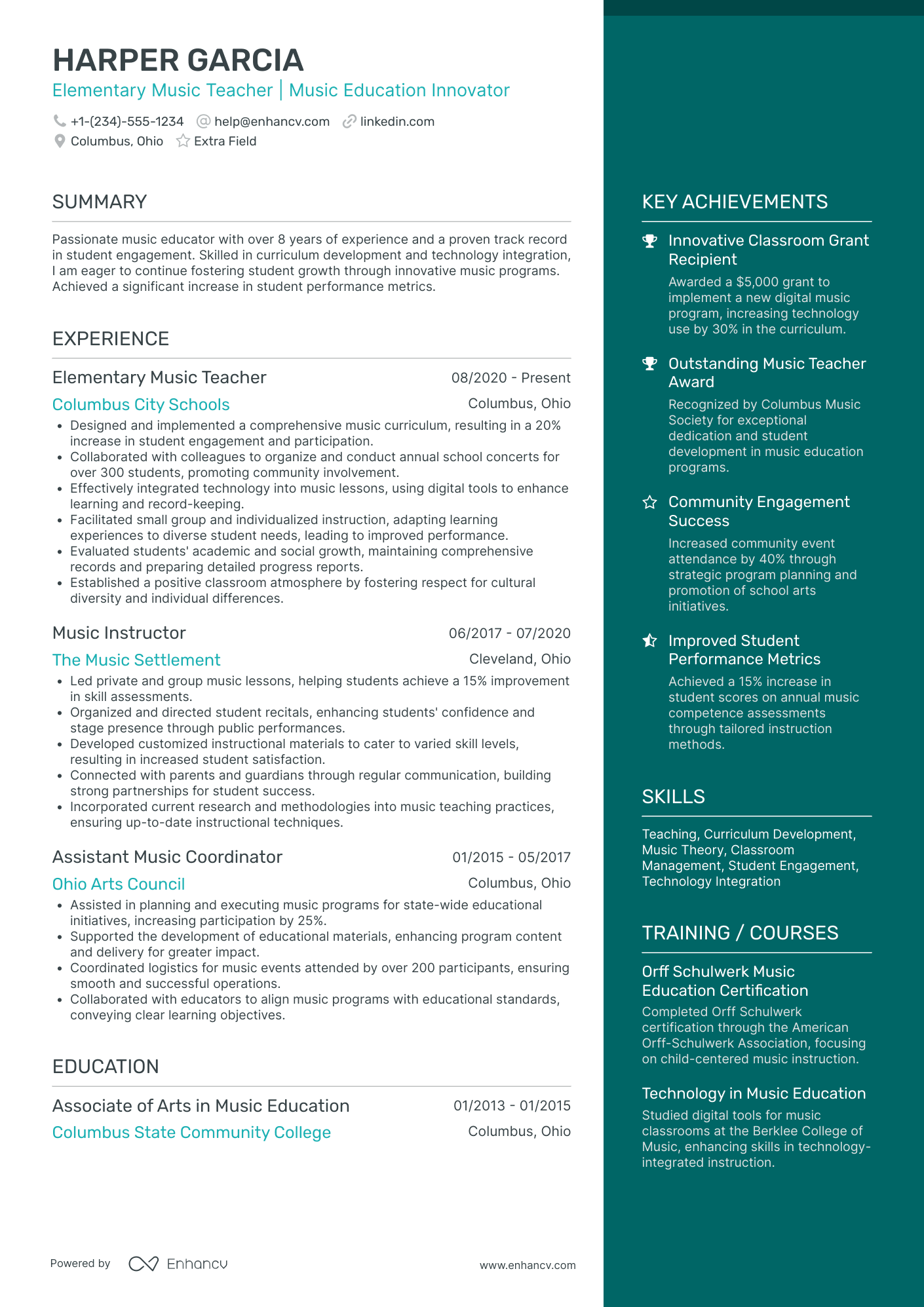 Elementary School Music Teacher Resume Example