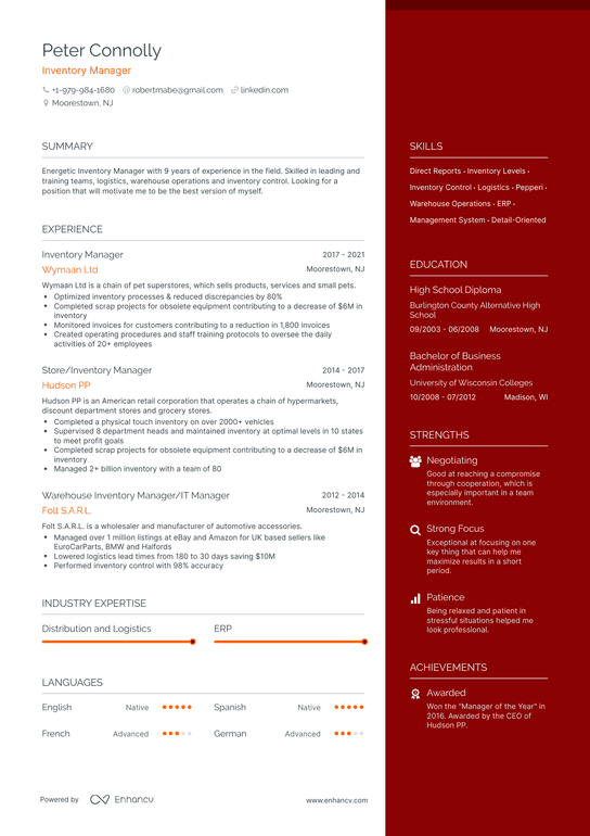Inventory Manager Resume Example
