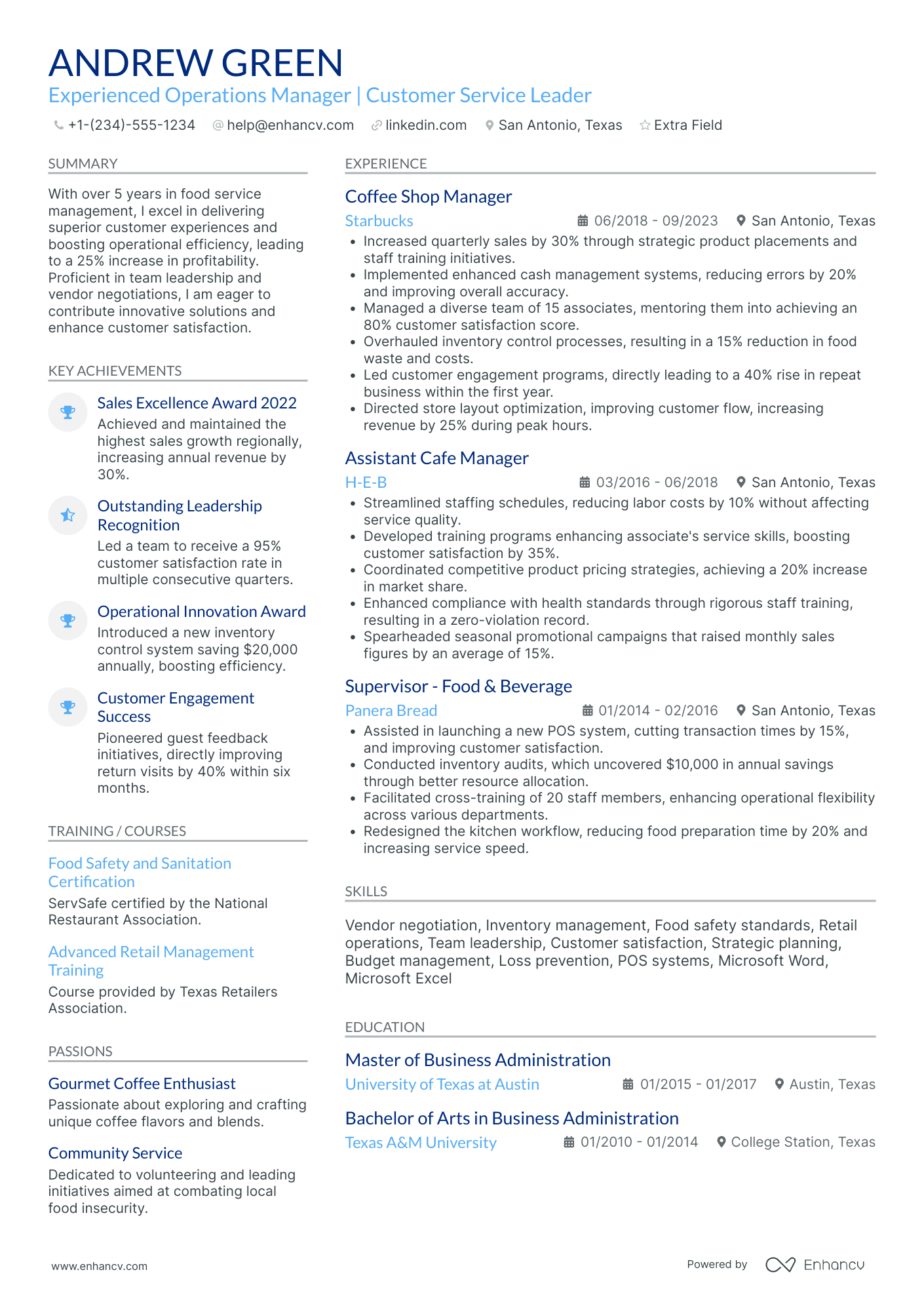 Starbucks District Manager Resume Example