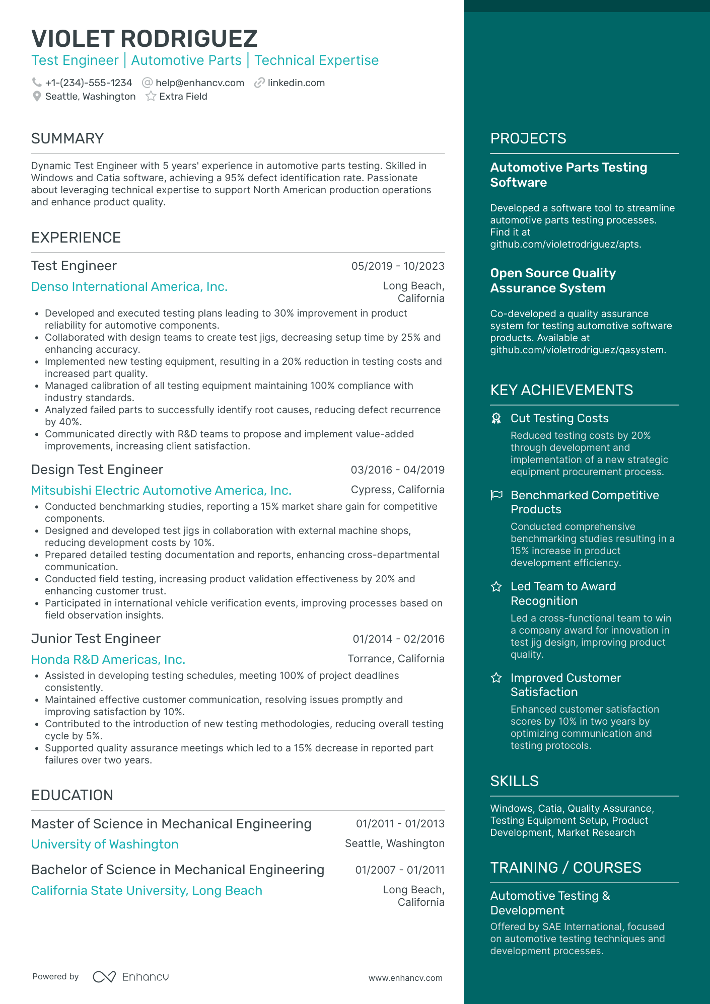 Vehicle Test Engineer Resume Example