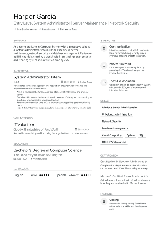 Entry Level System Administrator Resume Example