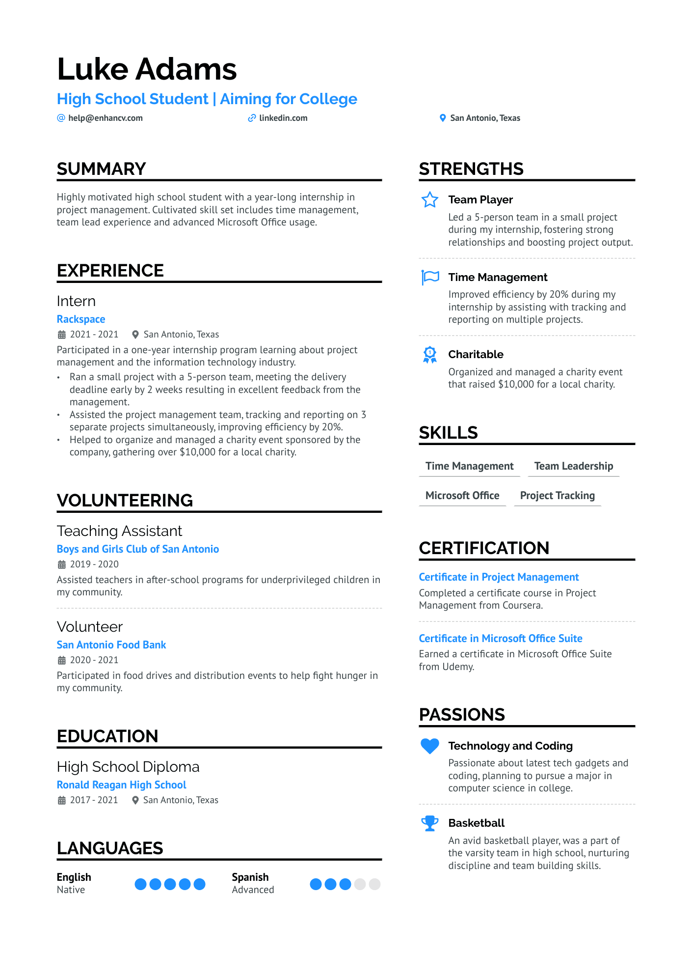 High School Student For College Resume Example