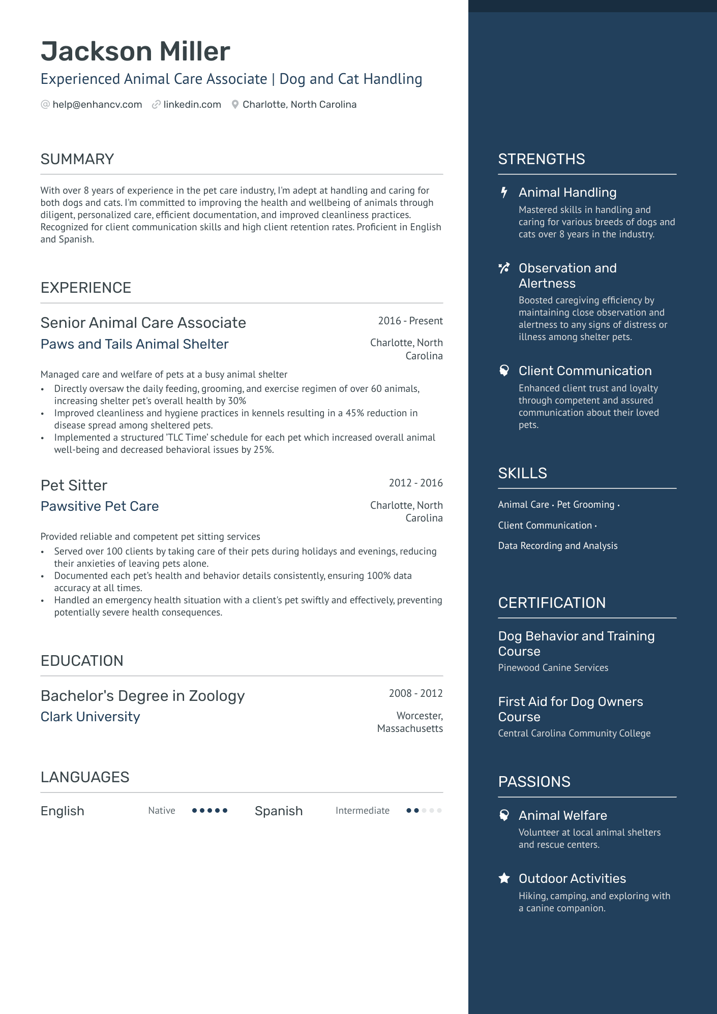 Animal Caregiver Resume Example