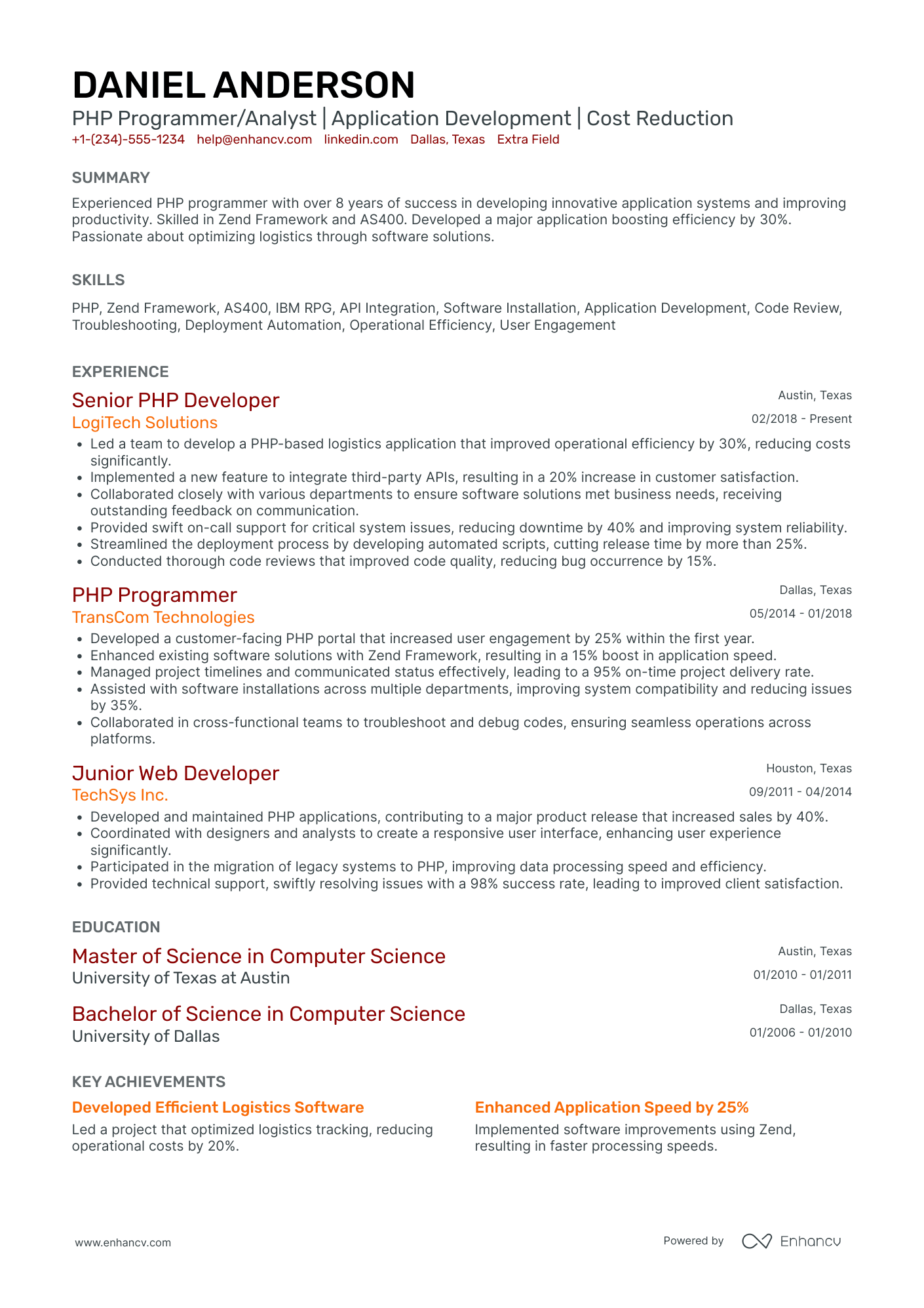 Entry Level PhP Developer Resume Example