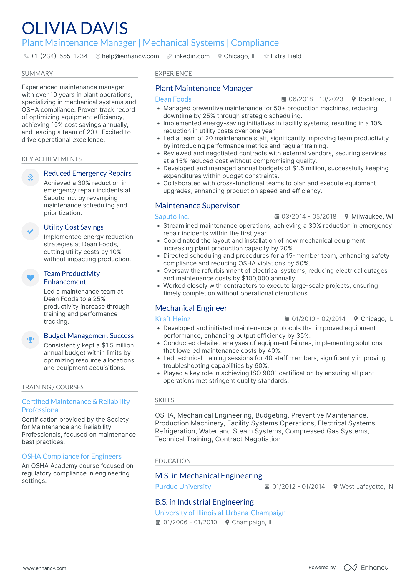 Factory Maintenance Manager Resume Example