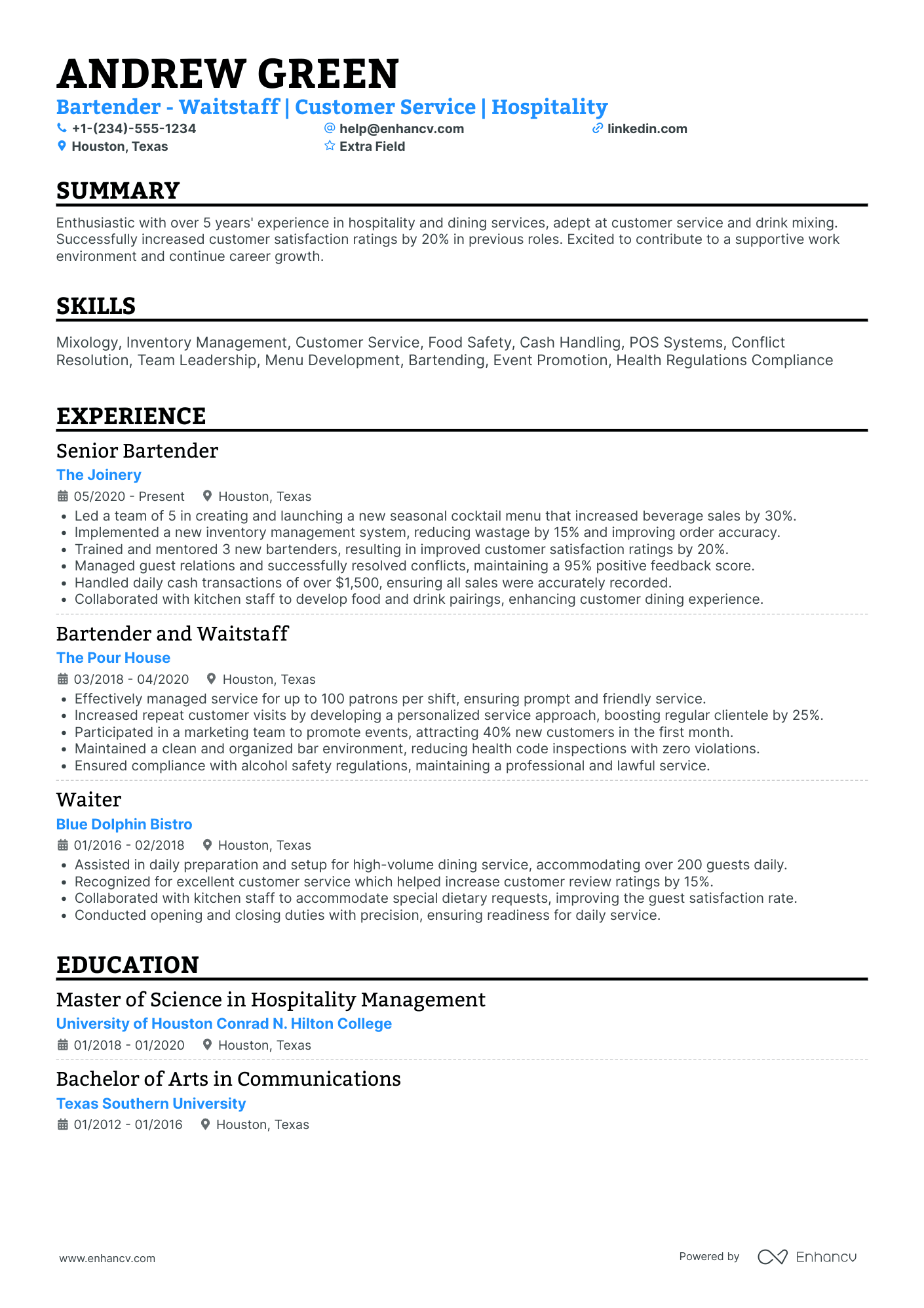 Bartender/Waitstaff Resume Example