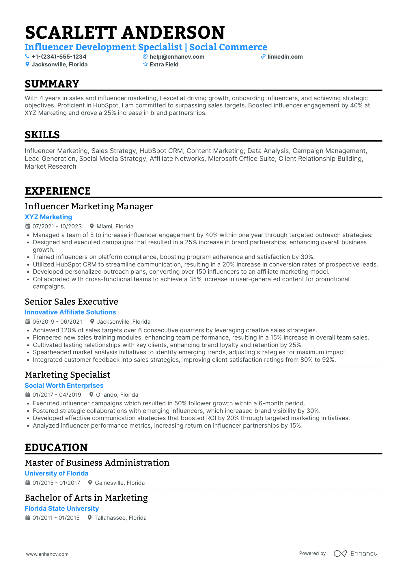 Social Media Influencer Specialist Resume Example