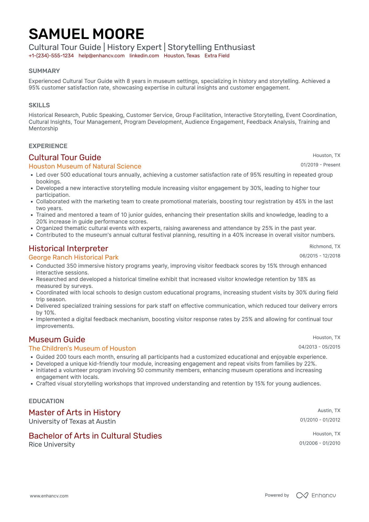 Cultural Tour Guide Resume Example