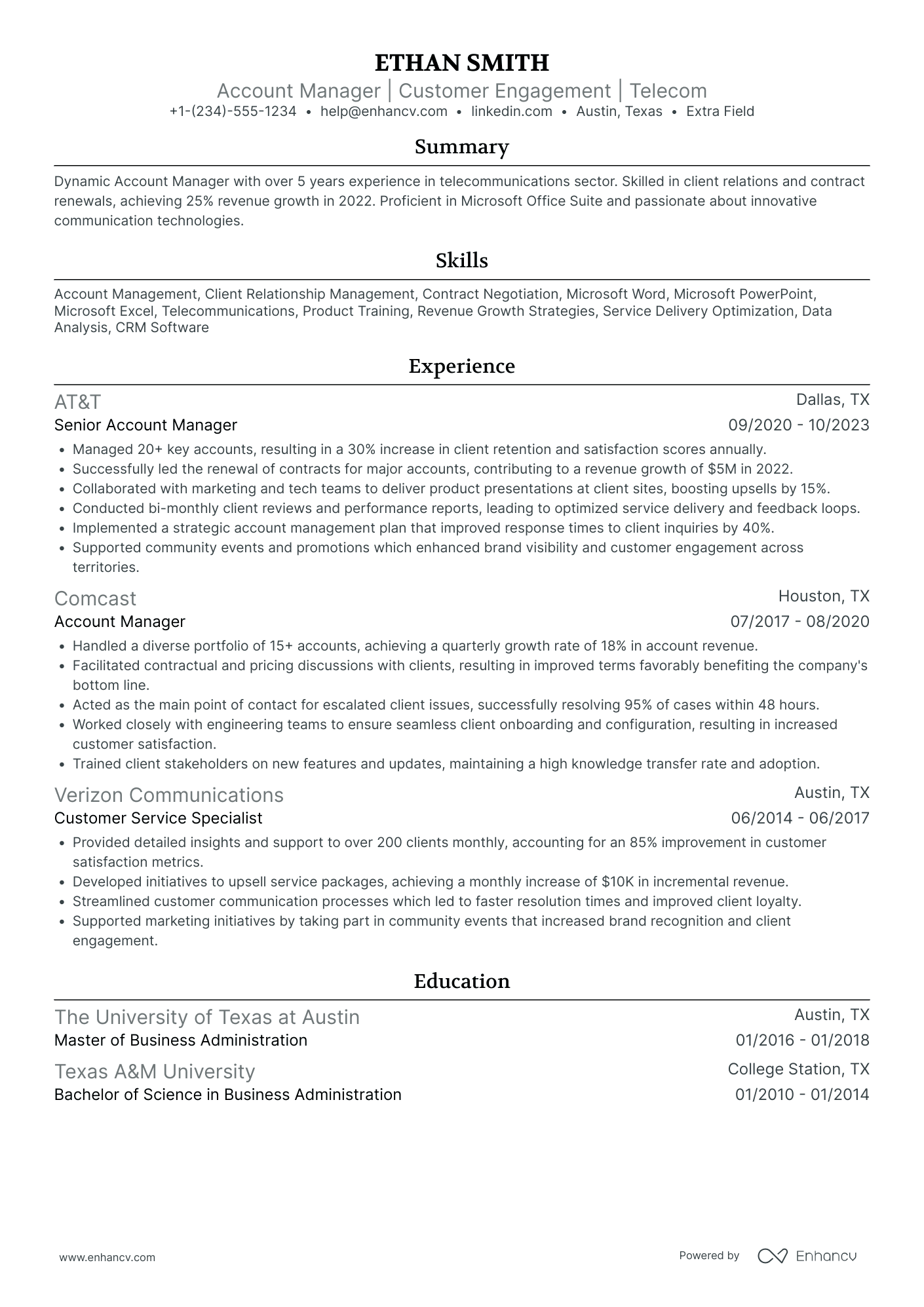 Telecommunications Account Manager Resume Example