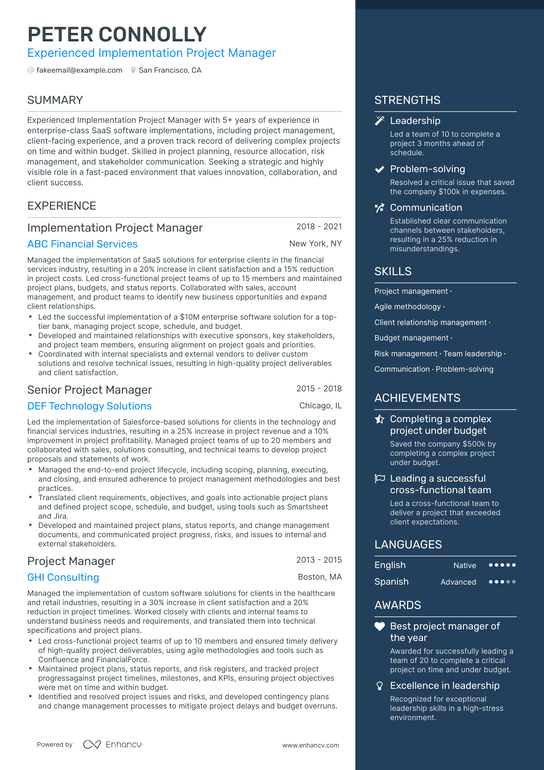 Implementation Project Manager Resume Example