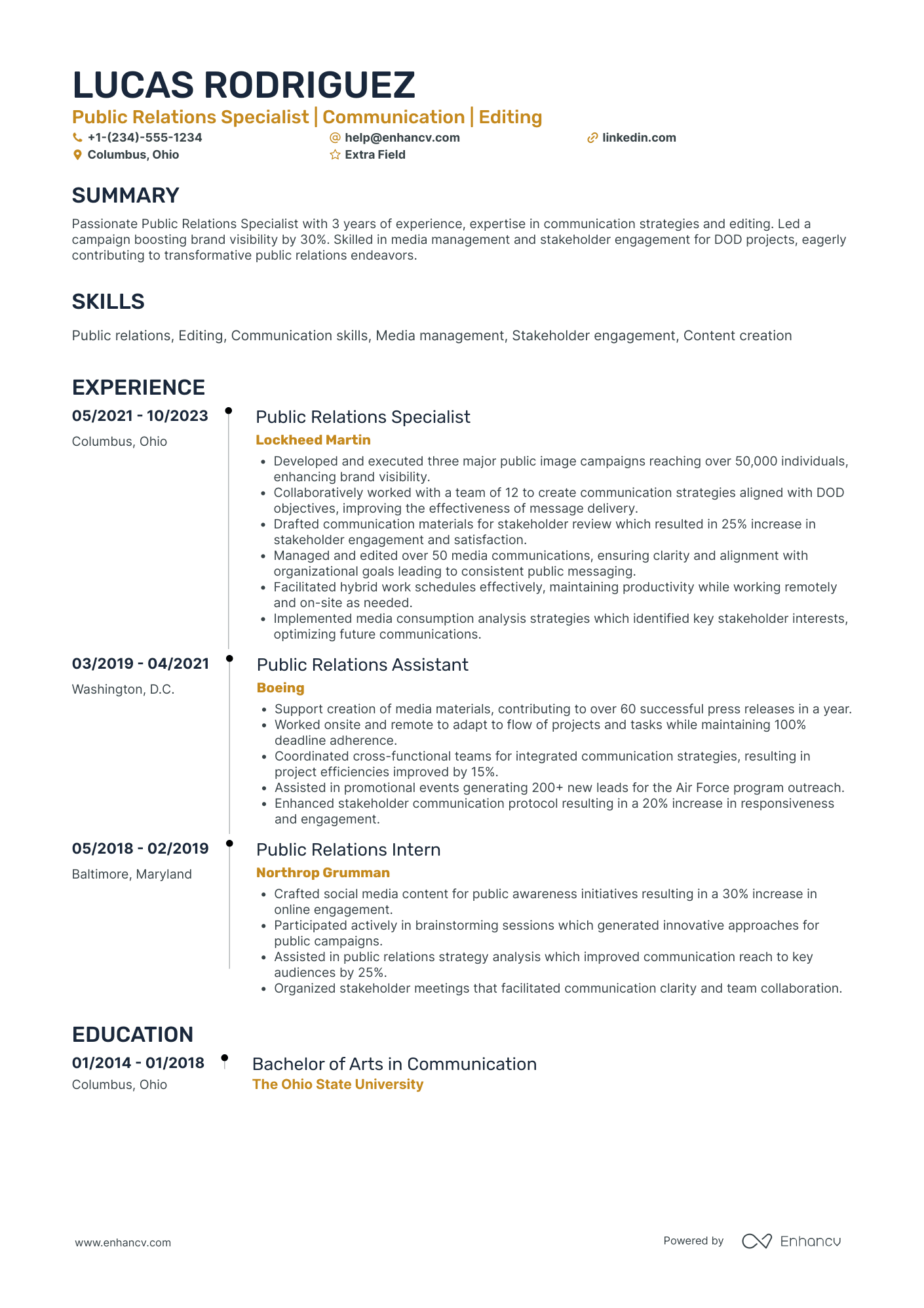 Junior Public Relations Specialist Resume Example