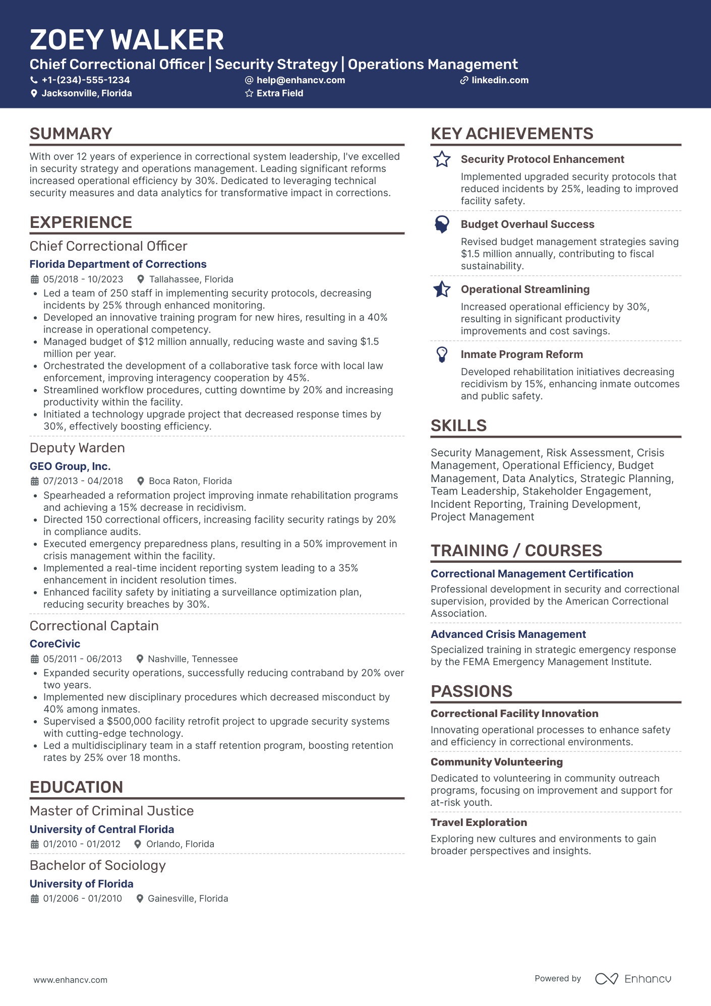 Chief Correctional Officer Resume Example