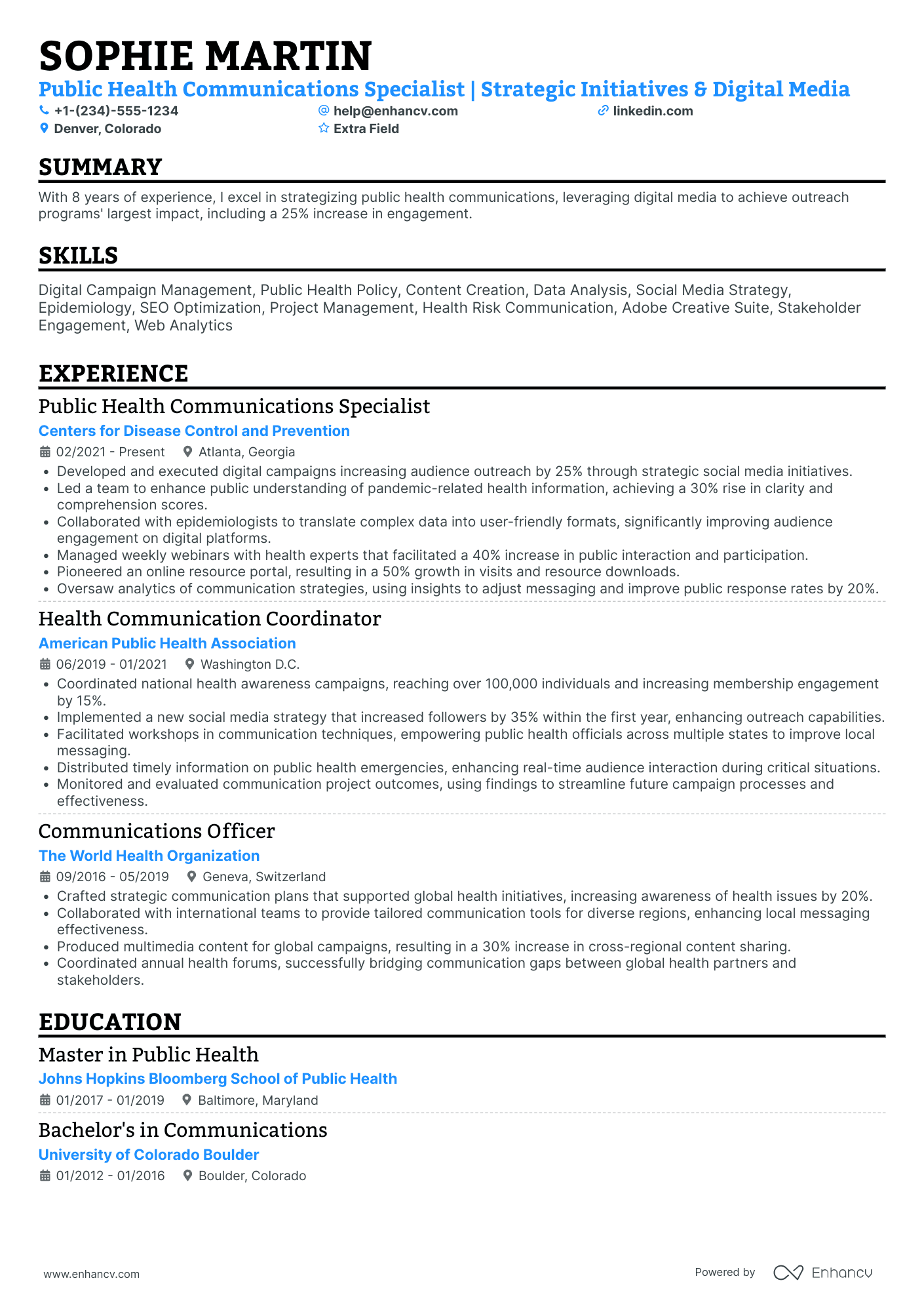 Public Health Communications Specialist Resume Example