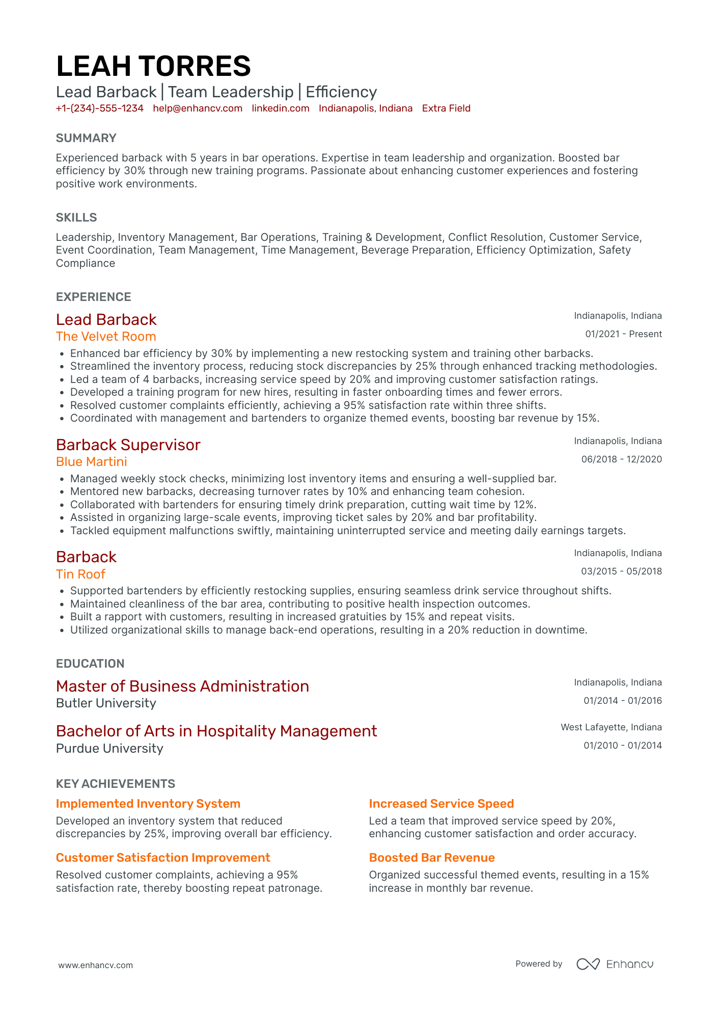 Lead Barback Resume Example