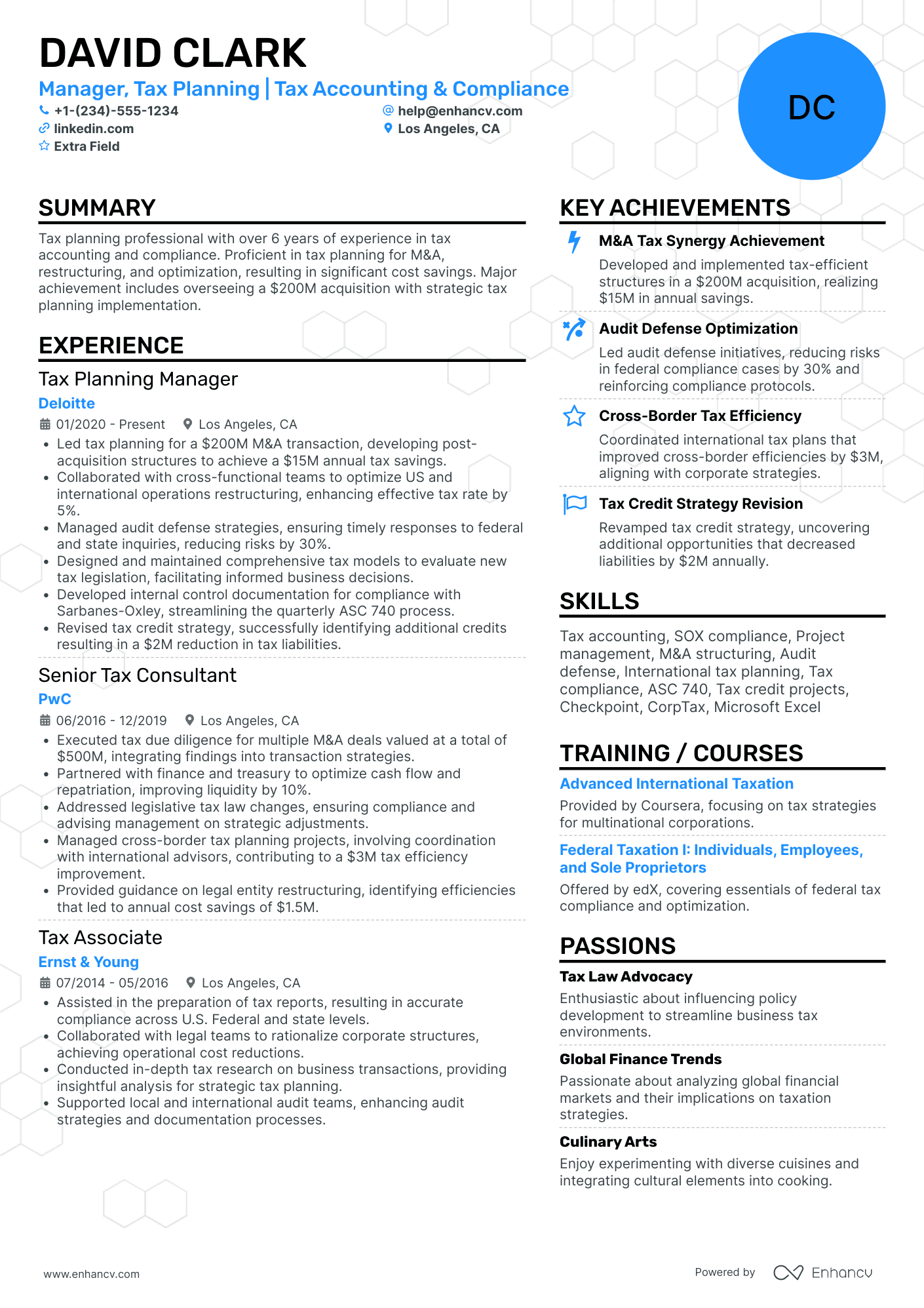 Tax Planning Manager Resume Example