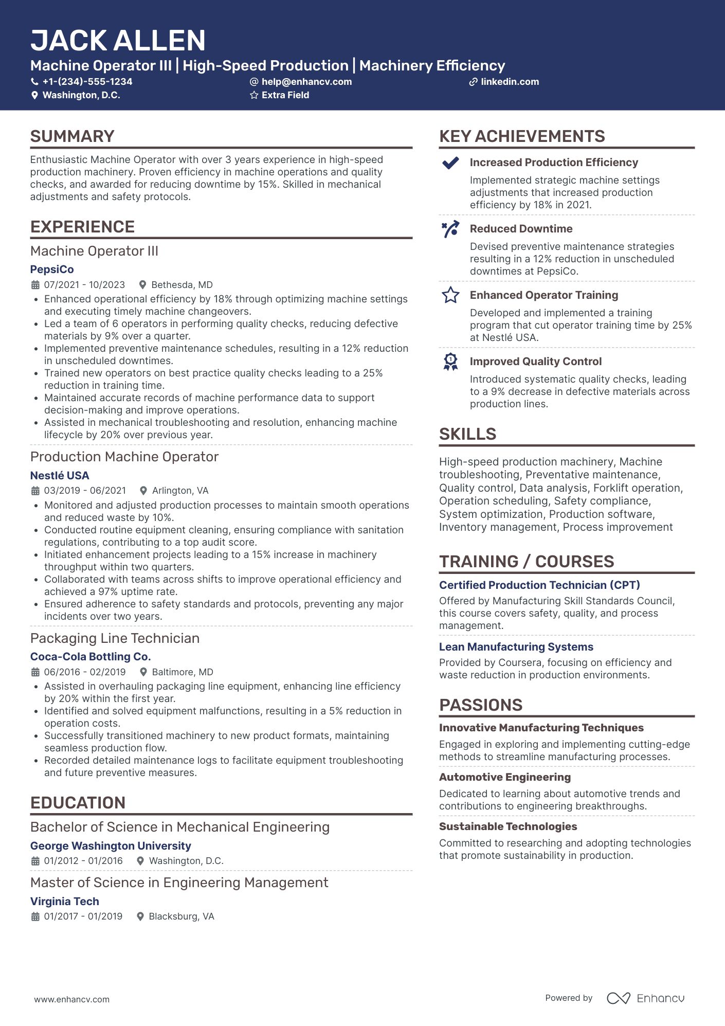 Senior Machine Operator Resume Example