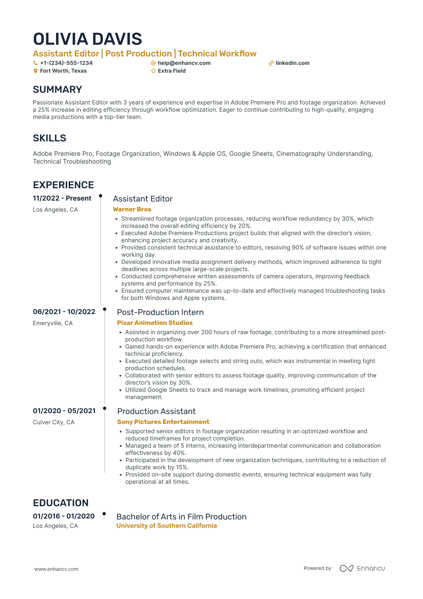 Post Production Assistant Resume Example