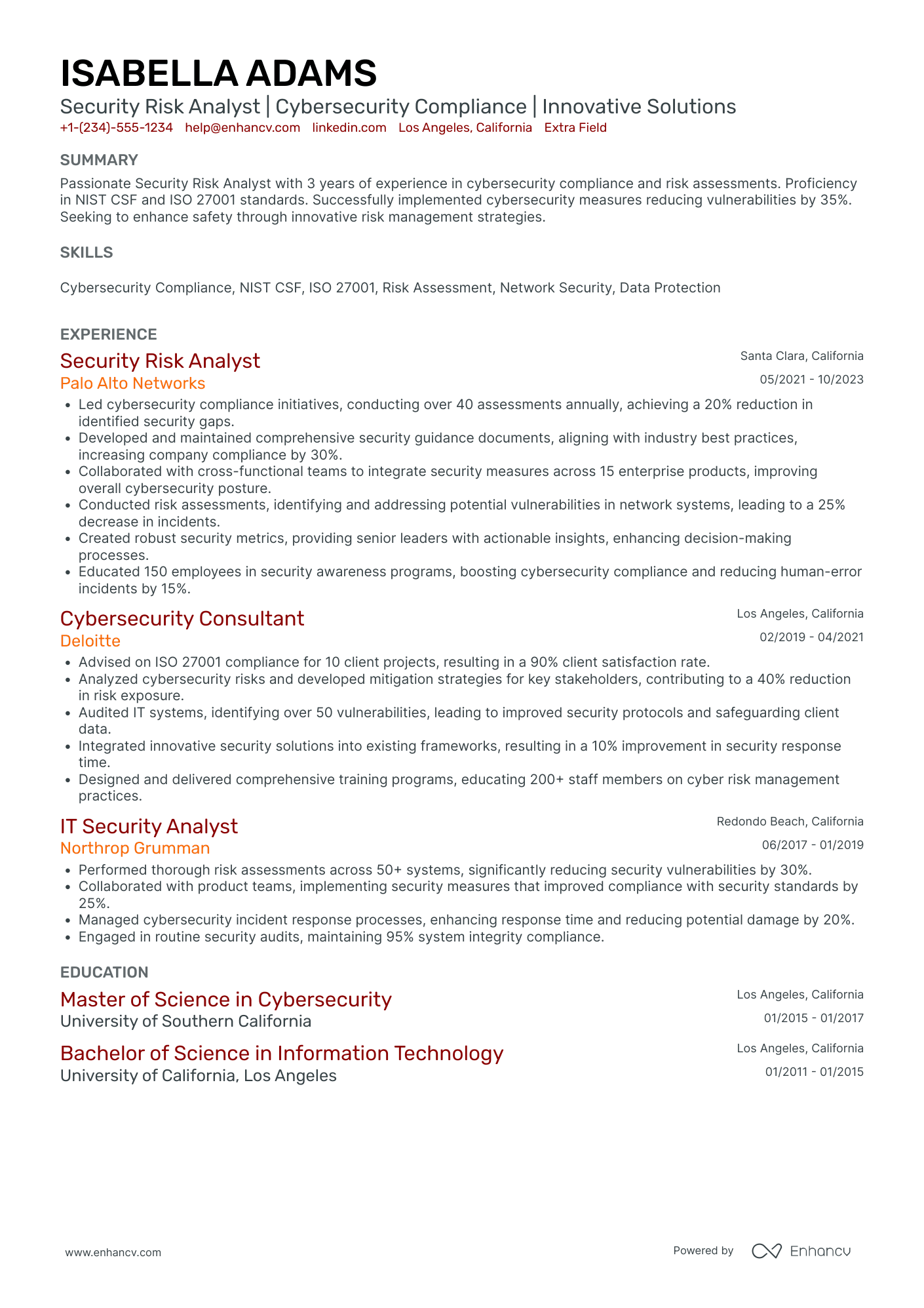 Risk Management Security Analyst Resume Example