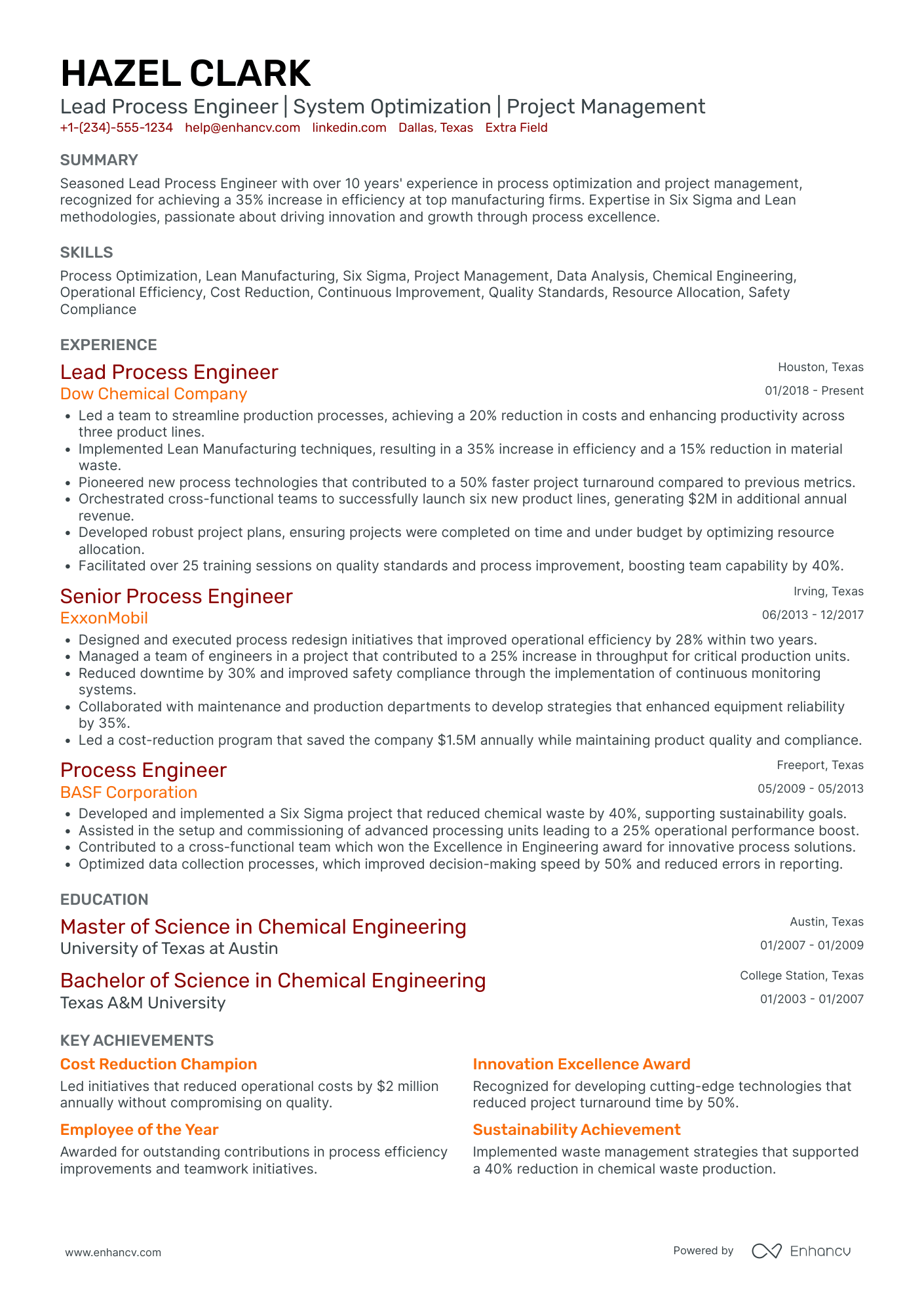 Lead Process Engineer Resume Example